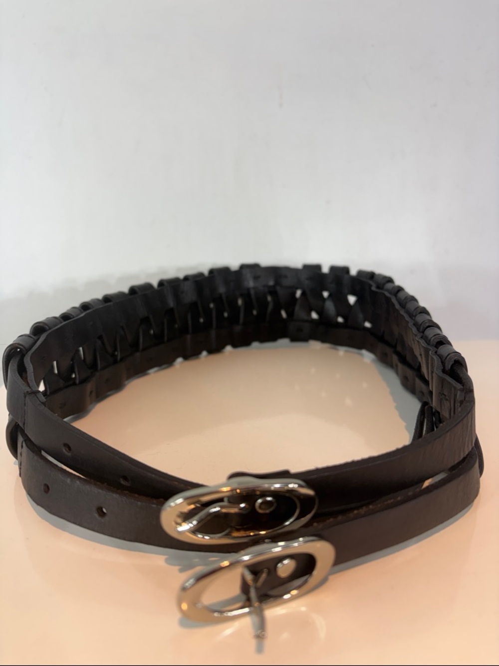 Danier Black Leather Woven Belt Double Buckle Wide Waist Belt Small